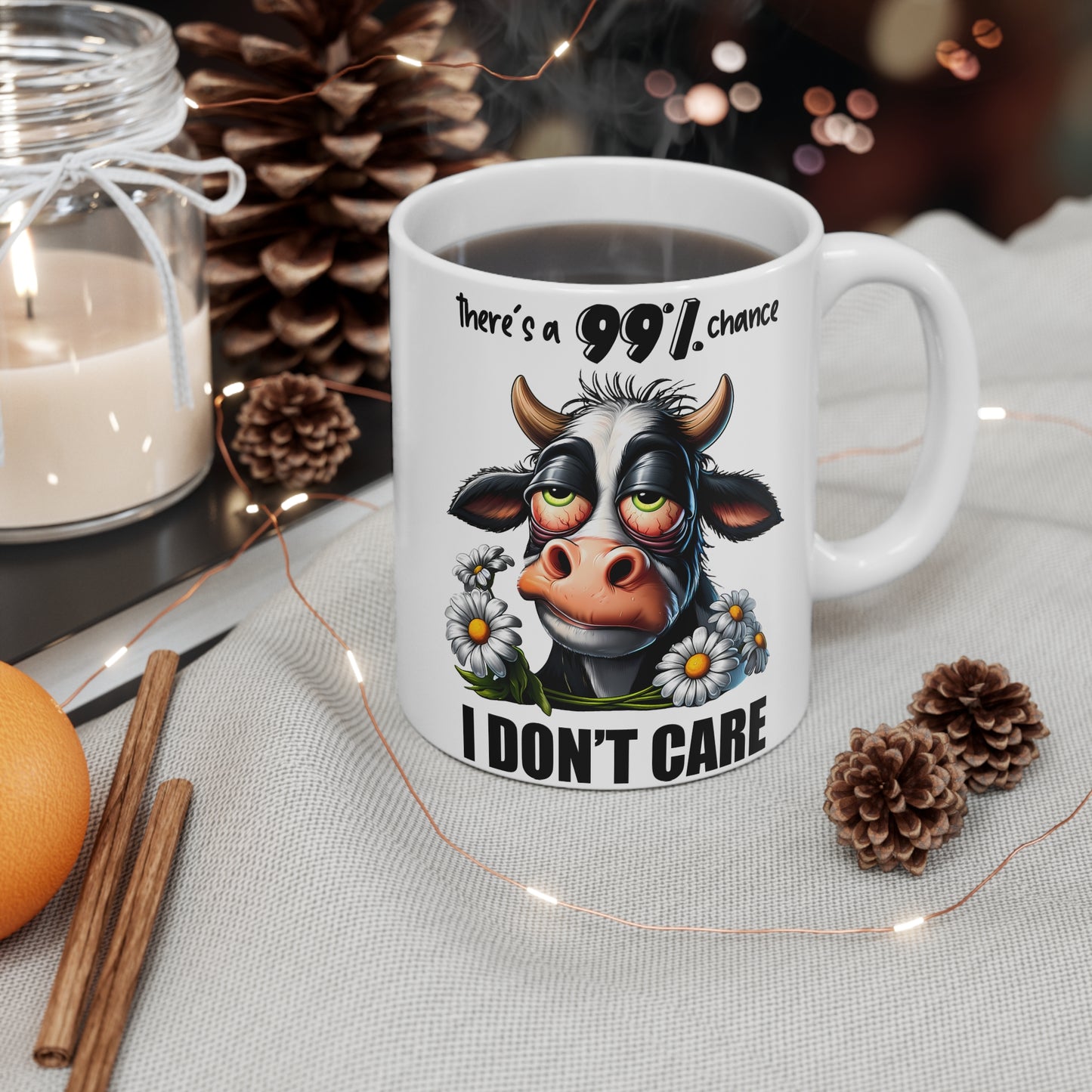 Funny Cow Ceramic Coffee Cup - "There's a 99% Chance I Don't Care" - Humorous Gift for Cow Lovers