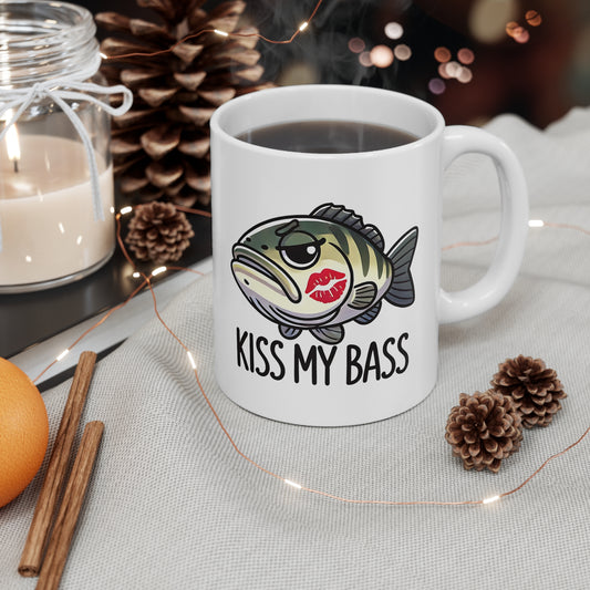 Funny Fish Mug, Kiss My Bass Coffee Cup, Fishing Gifts, Bass Lover Ceramic Mug, Humor Drinkware, 11oz & 15oz
