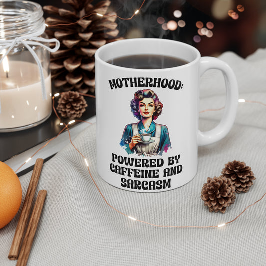Motherhood Coffee Mug - Powered by Caffeine and Sarcasm - 11oz & 15oz