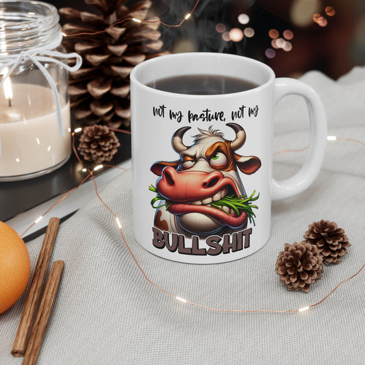 Funny Cow Mug: Not My Pasture, Not My Bullshit - Ceramic Coffee Cup Gift for Farmers, Cow Lovers, Humorous Kitchen Decor