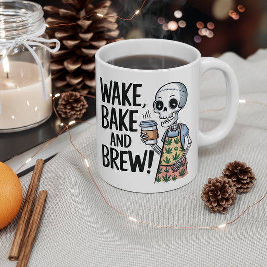 Wake, Bake and Brew Ceramic Coffee Cups - Fun 11oz & 15oz Mugs for Coffee Lovers